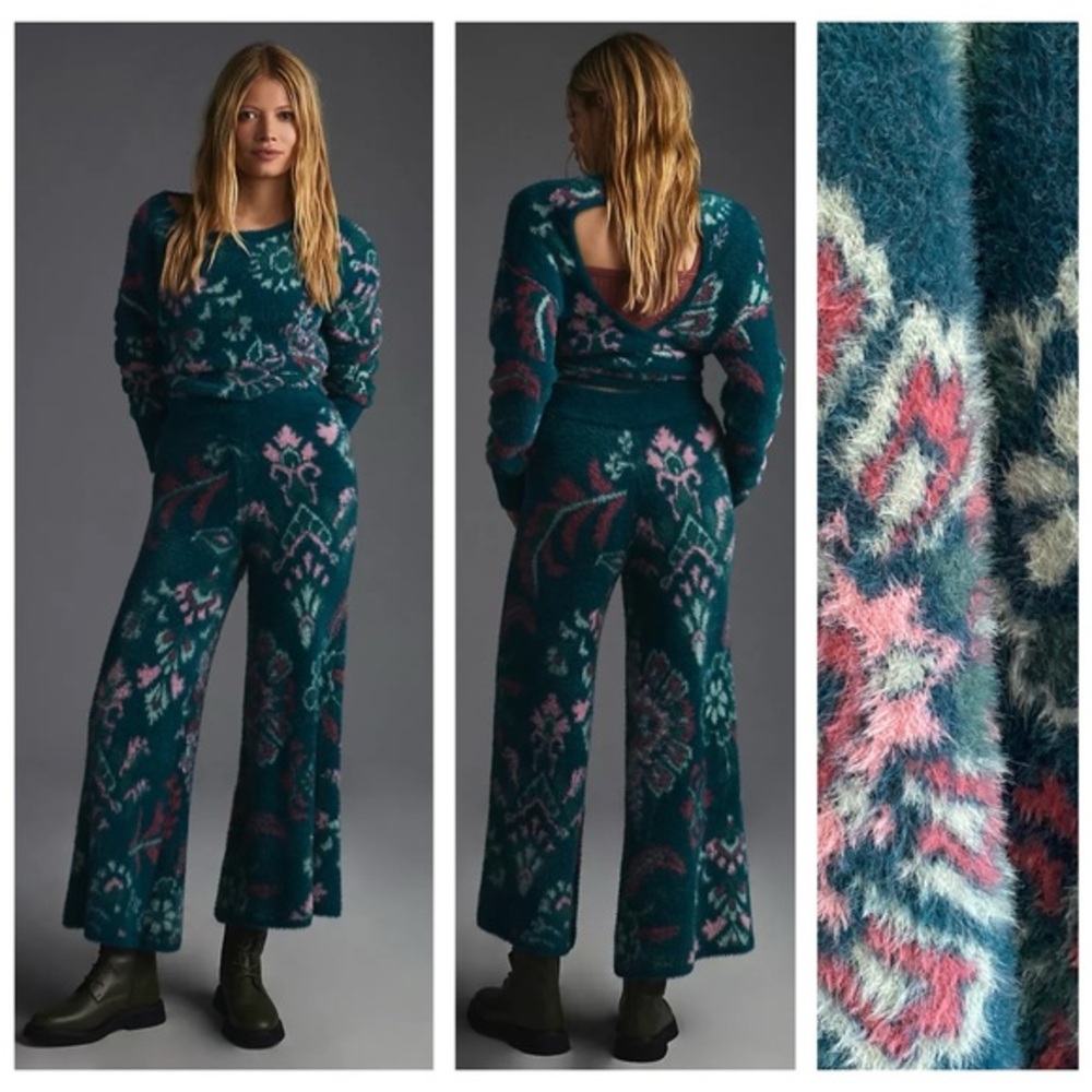 Anthropologie Daily Practice Teal Blue Floral Cozy Trousers and Crop Top Set XS